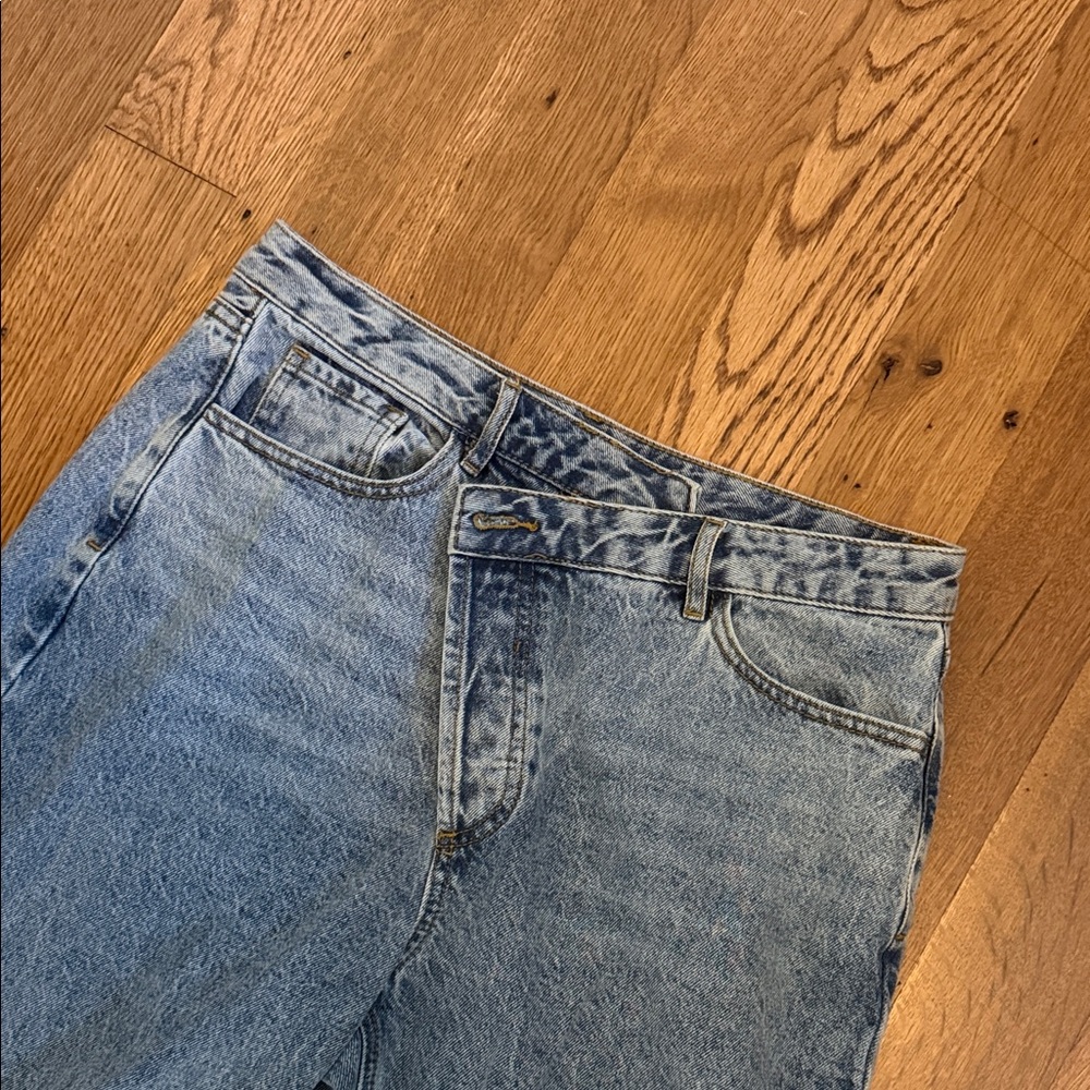 12th Tribe Light Blue Wash Asymmetrical Cross-OverDenim Jeans - Picture 2 of 7